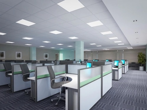 open space office with led flat panel lighting fixtures